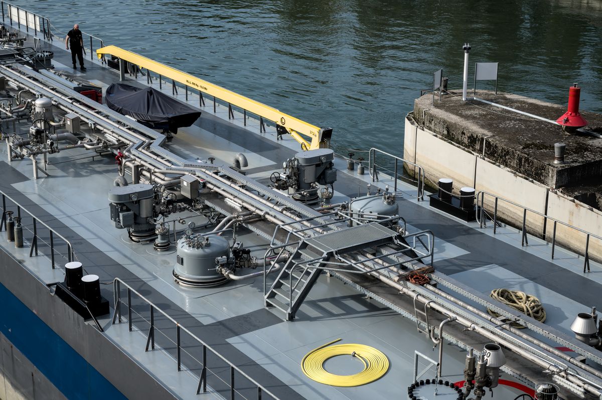 Cargo vessel at harbour during sampling operations
